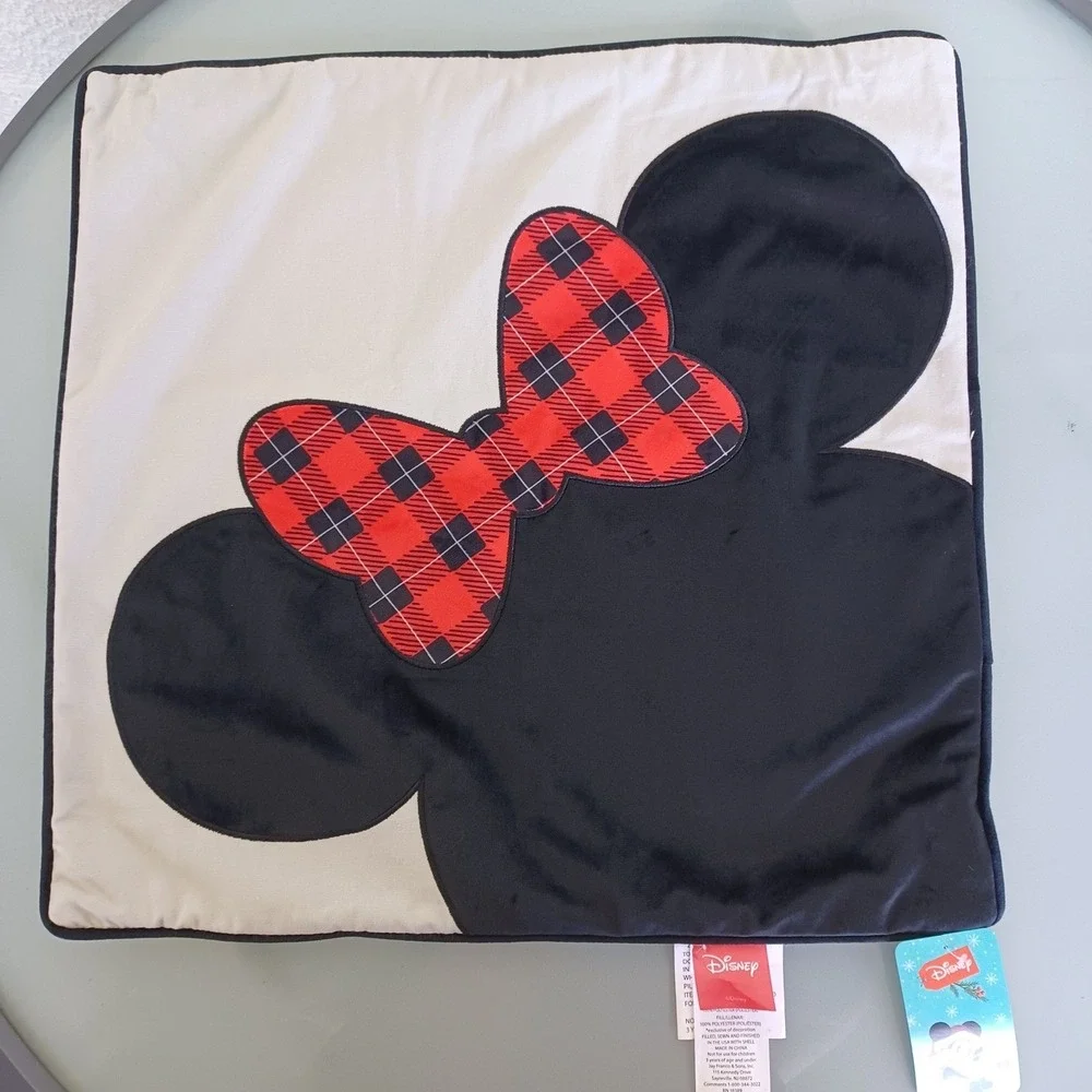 Disney Minnie Mouse Holiday Throw Pillow Cover‎ only Buffalo Plaid Bow 18.5in